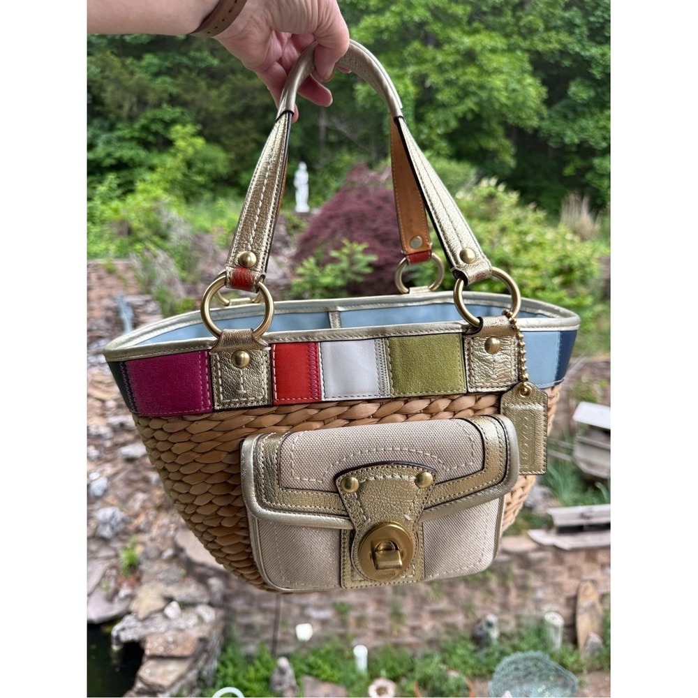 Coach Straw Patchwork Tote with Gold Trim and Multicolor Suede Panels